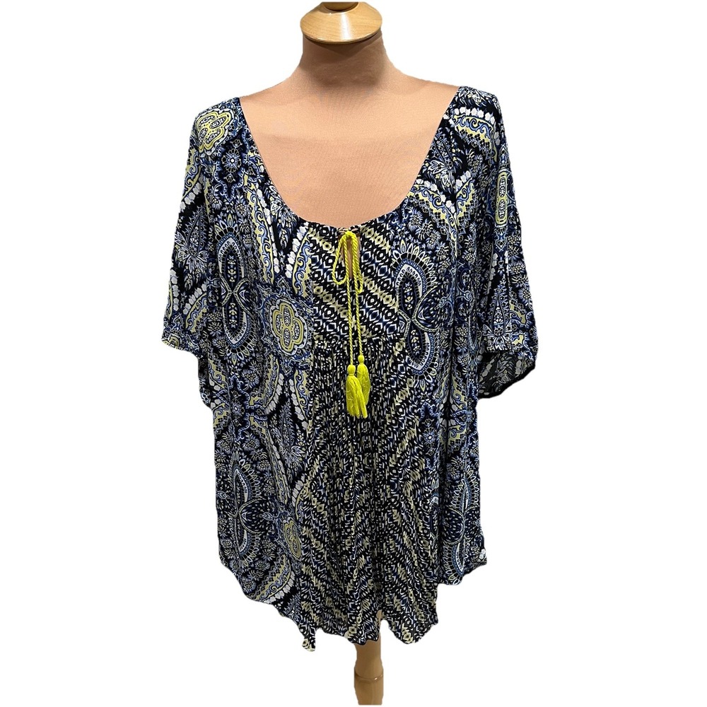 One World Women's Blue & Neon Yellow Blouse Size 2X Pleated Tassel Tie Boho